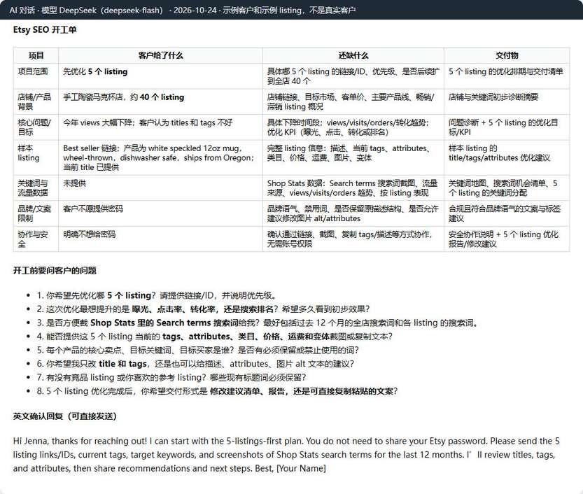 DeepSeek把示例Etsy卖家留言整理成开工单和8个开工前问题