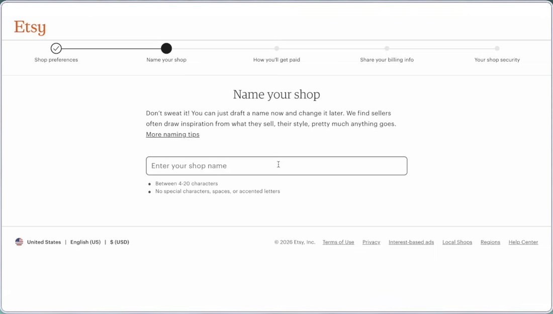 Etsy开店第二步Name your shop页面,进度条上第三步才是收款信息