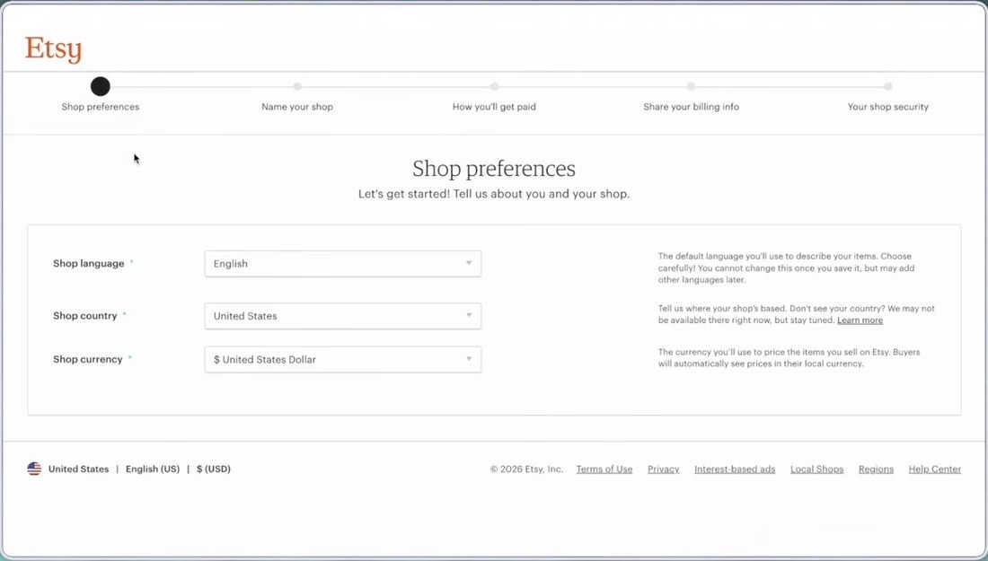 Etsy开店第一步Shop preferences页面,顶部进度条第三步是How you will get paid