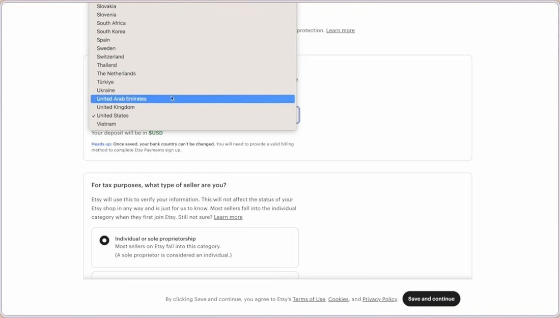 Etsy开店填收款信息的页面,选银行国家后提示Once saved, your bank country can not be changed