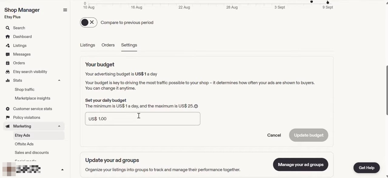 Etsy Ads的Settings里Your budget一栏,设置每天预算,最低1美元、最高25美元,可以随时修改