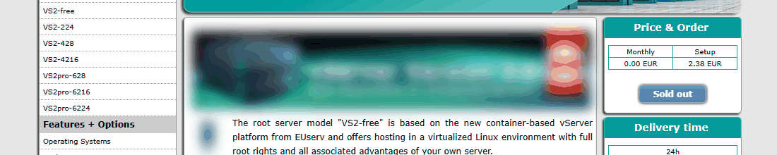 EUserv VS2-free下单框:月费0.00欧元、开通费2.38欧元,按钮显示Sold out