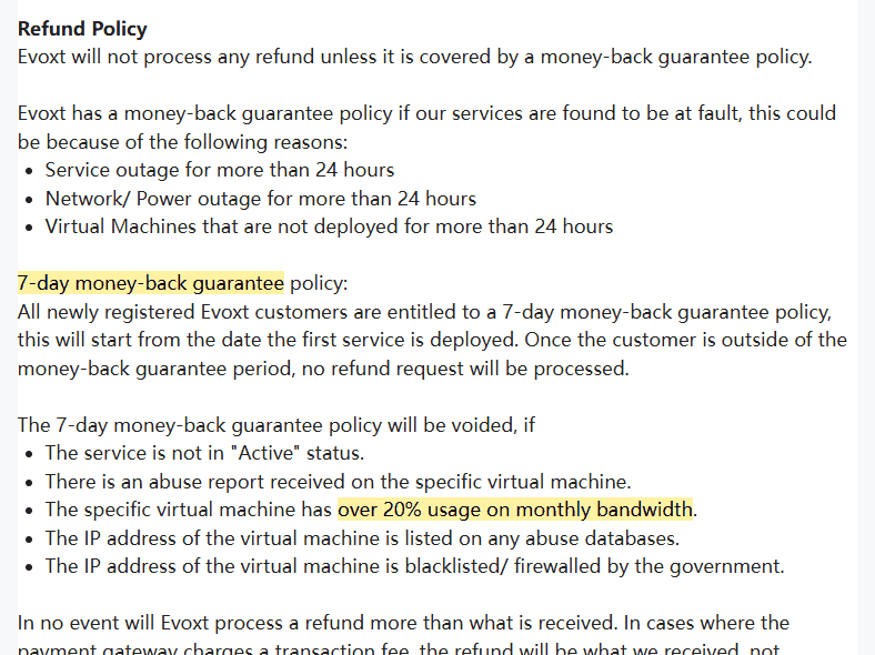 Evoxt服务条款Refund Policy:新客户7天退款,从第一台机器部署起算,当月流量用超20%等5种情况作废