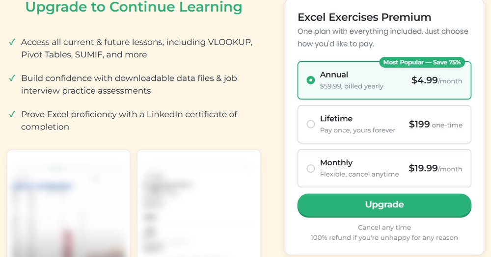 Excel练习题网站Excel Exercises现价:年付59.99美金、永久199美金、月付19.99美金