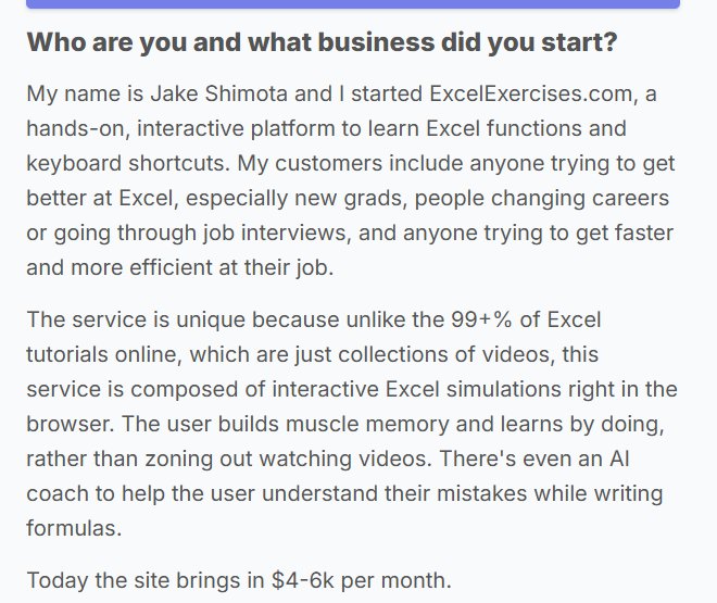 Excel Exercises创始人Jake Shimota采访原话:网站每月收入4000到6000美金