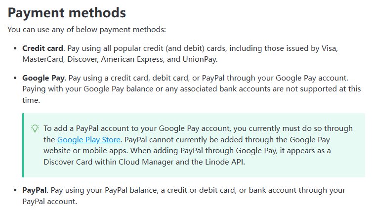 Akamai Linode付款方式文档:信用卡含Visa、MasterCard、Discover、American Express和UnionPay银联,另有Google Pay和PayPal,没有支付宝