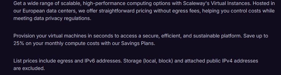 Scaleway虚拟实例价格页原文:列表价含出网流量和IPv6,不含本地和块存储硬盘,也不含公网IPv4