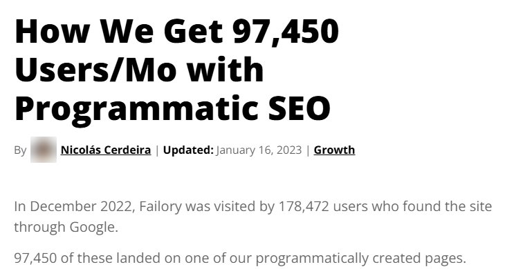 Failory创始人公开的程序化SEO复盘文章标题和开头两句
