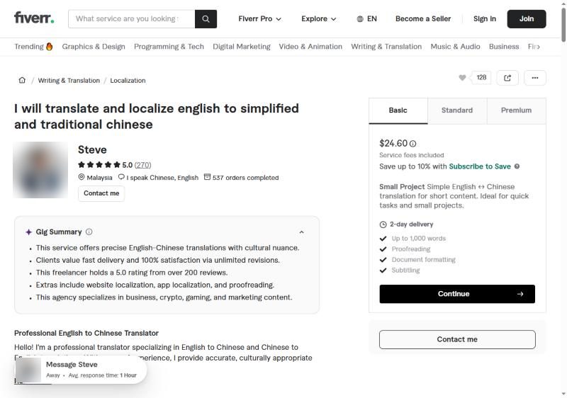 Fiverr英译中卖家服务页顶部:标题、5.0分、270条评价、537单完成,右栏起价24.60美元