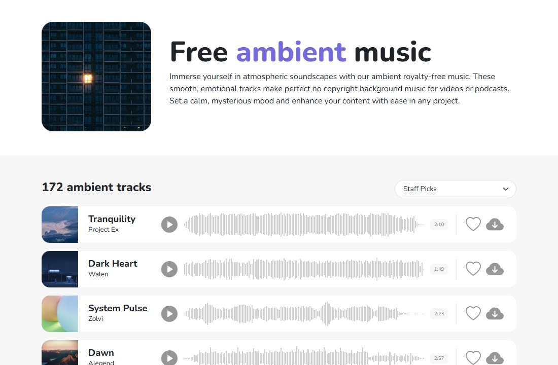 Free To Use的ambient品类页:H1是Free ambient music,描述里放royalty-free和no copyright background music,172 ambient tracks