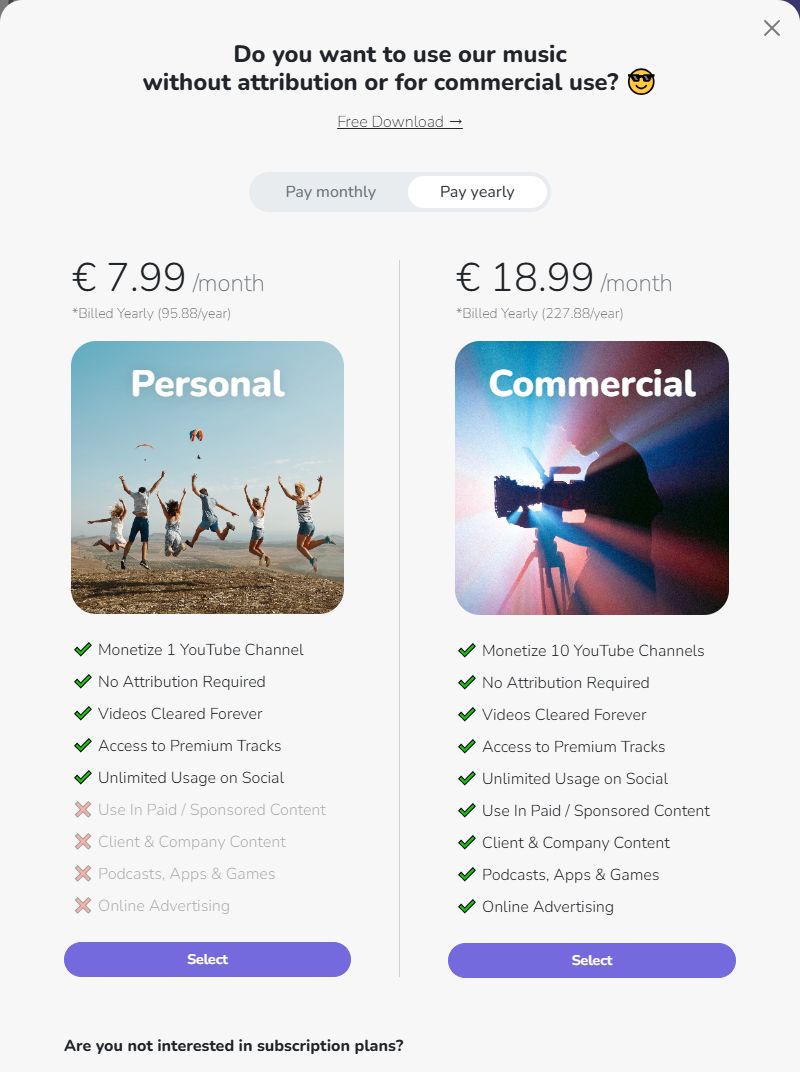Free To Use点Download后弹出的升级页,顶上一行小字Free Download才是免费下载,下面是Personal和Commercial两档订阅