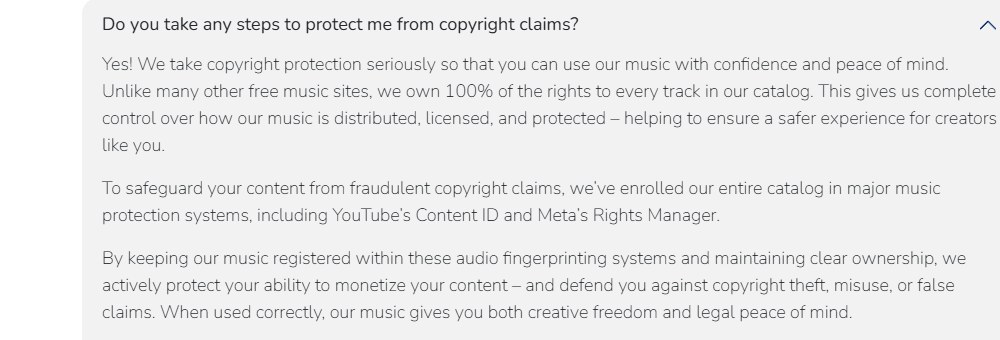 Free To Use官方FAQ:曲库每首曲子的权利100%自有,整个曲库登记进YouTube Content ID和Meta Rights Manager