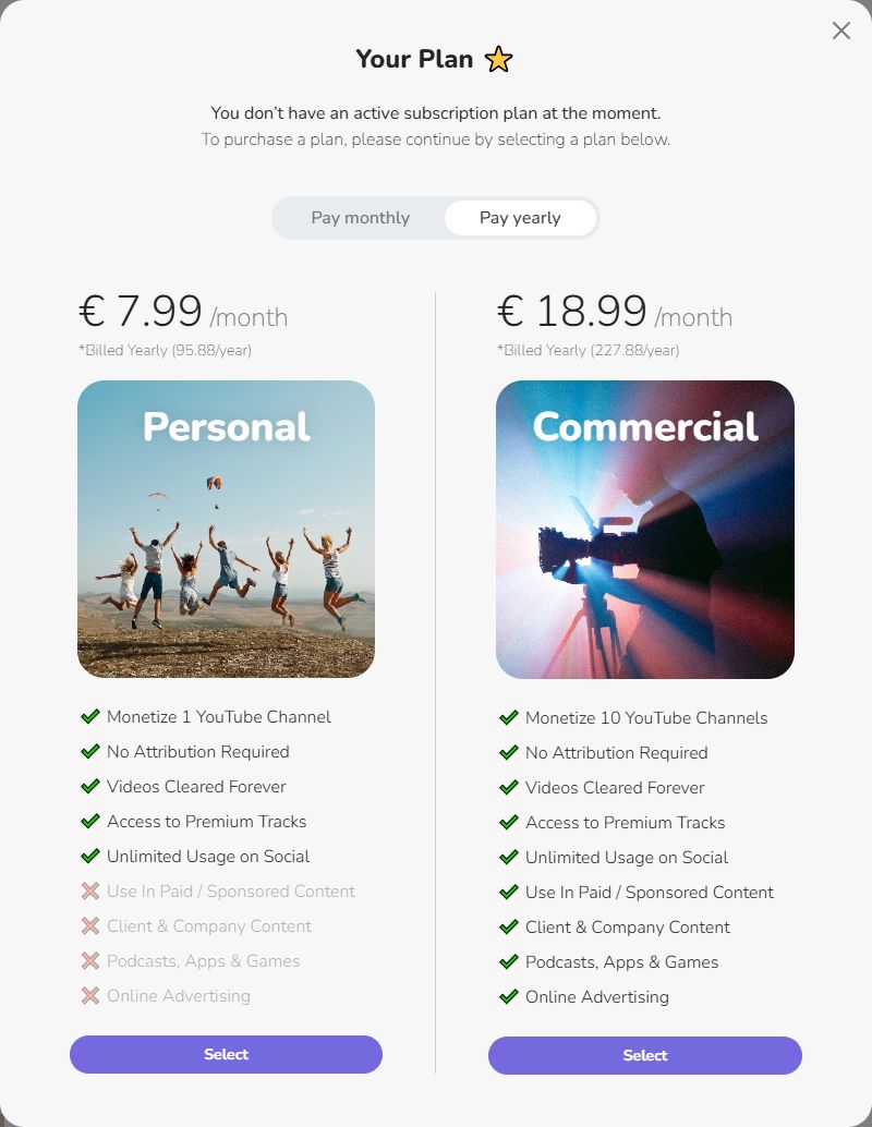 Free To Use订阅弹窗:Personal年付7.99欧元一个月,Commercial年付18.99欧元一个月,下面列着各档能做的事
