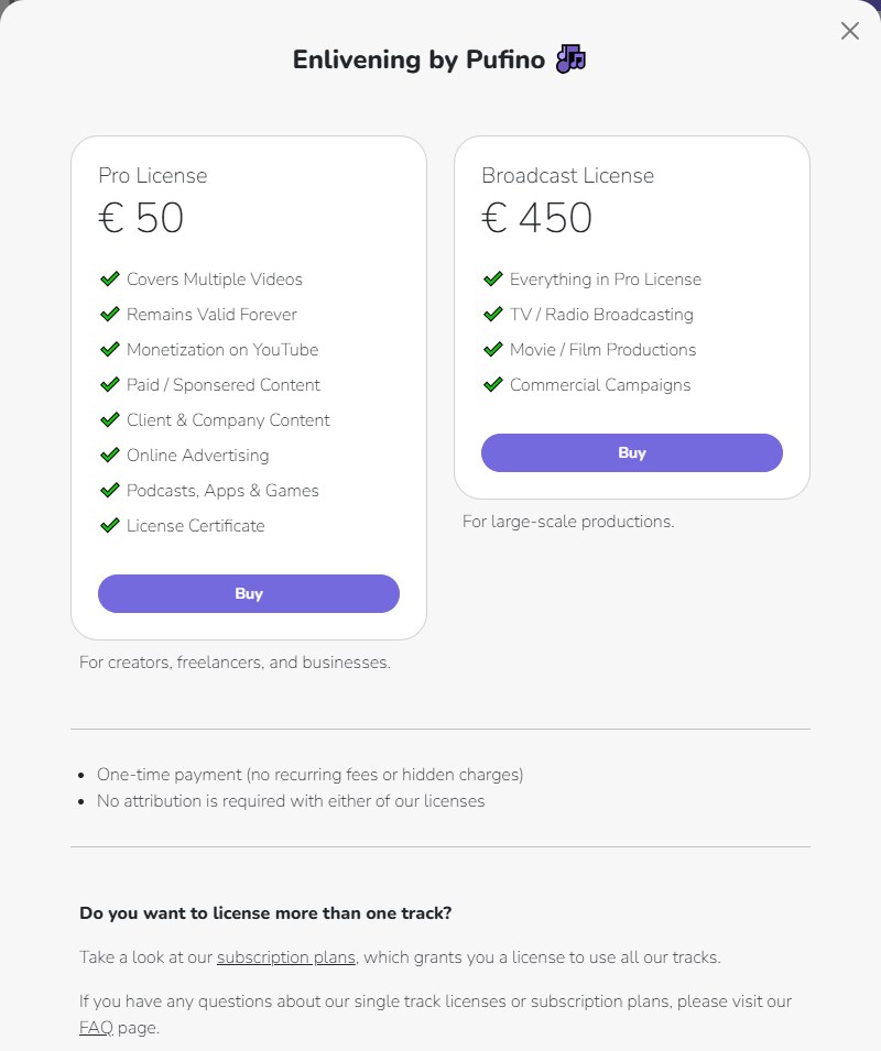 Free To Use单曲授权弹窗:Pro License 50欧元,Broadcast License 450欧元,一次性付款,都不要署名