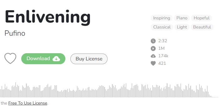 Free To Use下载最多的一首曲子Enlivening:2分32秒,1M播放、174k下载