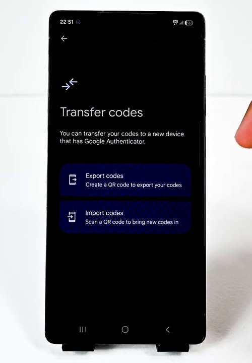 谷歌身份验证器Transfer codes页面,Export codes生成二维码导出验证码,Import codes扫描二维码导入