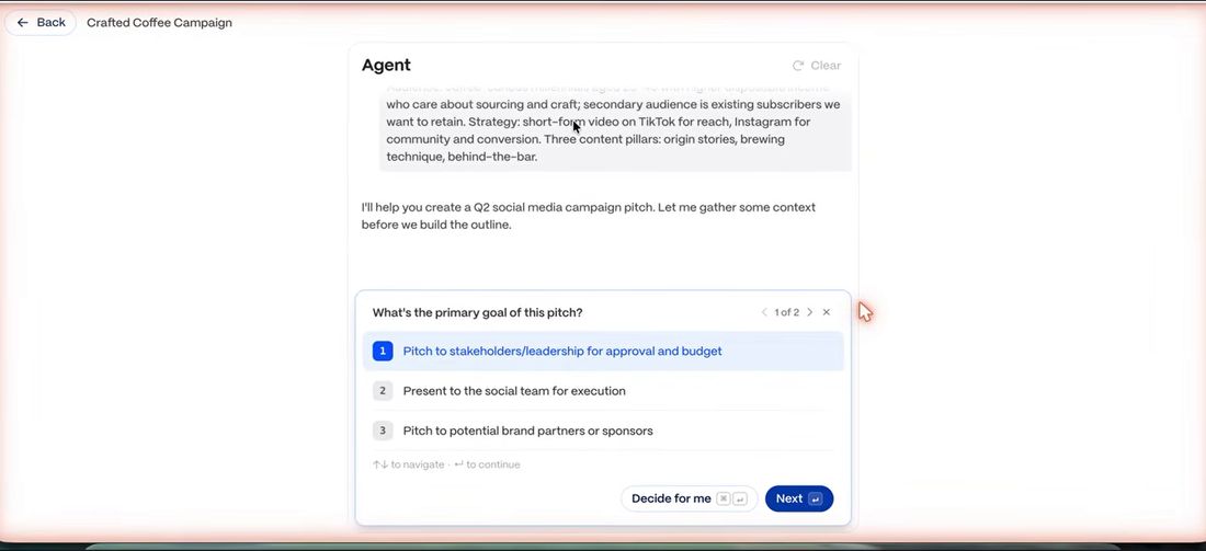 Gamma的Agent提问界面:这份方案的首要目标是什么,三个选项和Decide for me按钮