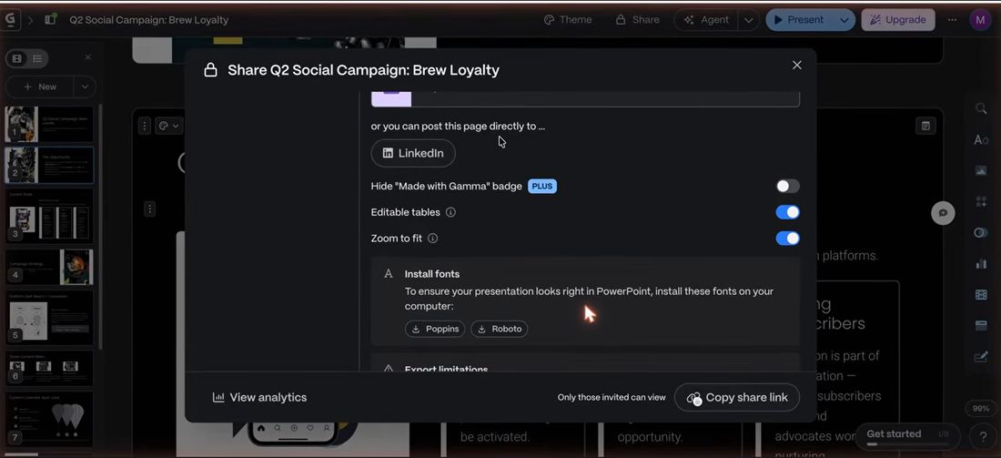 Gamma分享面板:直发LinkedIn、Hide Made with Gamma badge开关带PLUS标、Editable tables开关