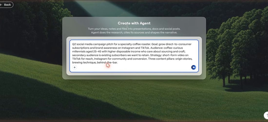 Create with Agent输入框里粘贴的一段咖啡烘焙商Q2社交媒体笔记