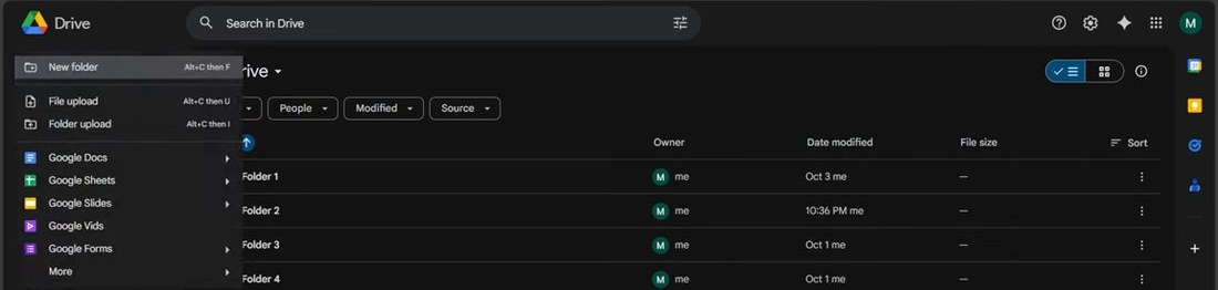Drive网页版左上角新建菜单,有New folder、File upload、Folder upload、Google Docs、Sheets、Slides、Vids、Forms、More