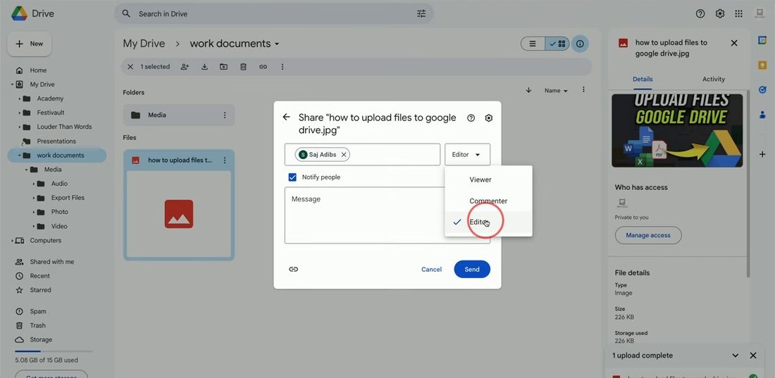 Drive分享框的角色下拉,三项是Viewer、Commenter、Editor,Editor前面打了对勾