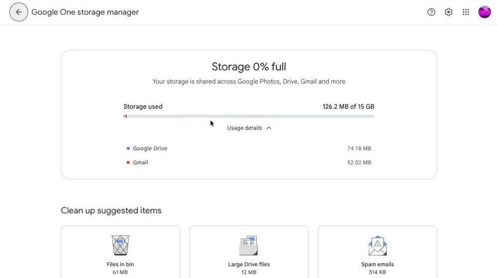 Google One存储管理页,写着空间由Google Photos、Drive、Gmail共用,下面是回收站、Drive大文件、垃圾邮件三类清理建议