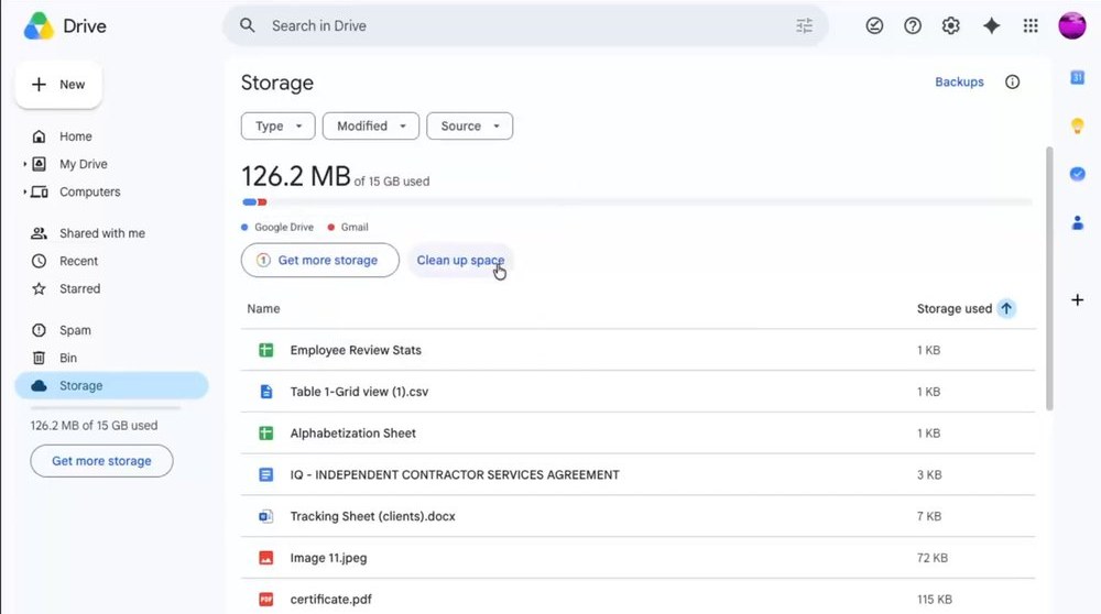 Drive网页版Storage页,顶部显示已用126.2 MB(共15 GB),下面有Get more storage和Clean up space两个按钮