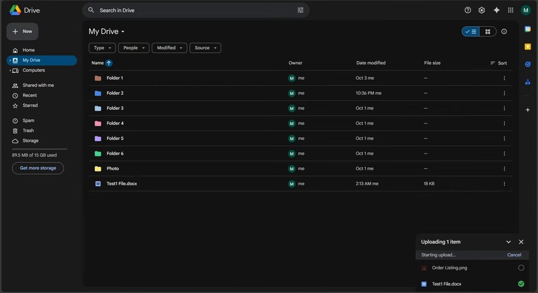 Drive右下角Uploading 1 item进度框,Test1 File.docx已显示绿色对勾
