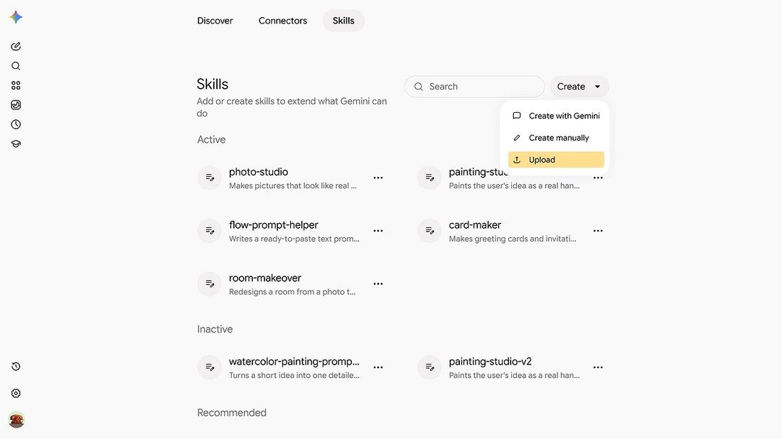 Gemini的Skills页,分Active和Inactive两块,右上角Create菜单有三种创建方式