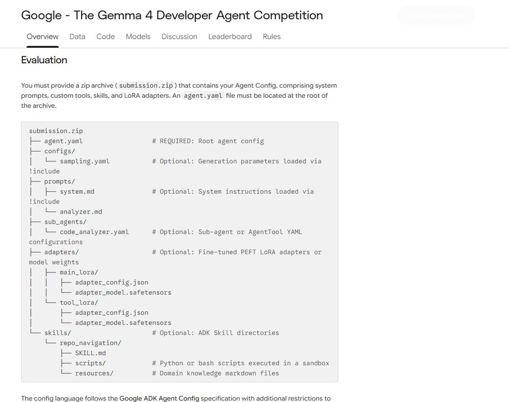 Gemma 4 Kaggle比赛Evaluation节,submission.zip结构,根目录必须有agent.yaml