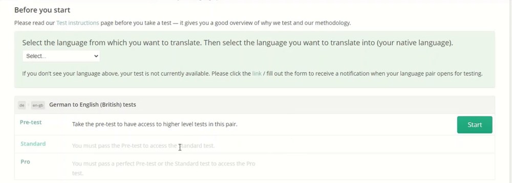 Gengo Pre-test开始页：Standard和Pro灰着要先过Pre-test