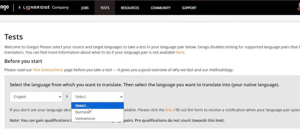 Gengo译员后台Tests页：先选源语言再选母语
