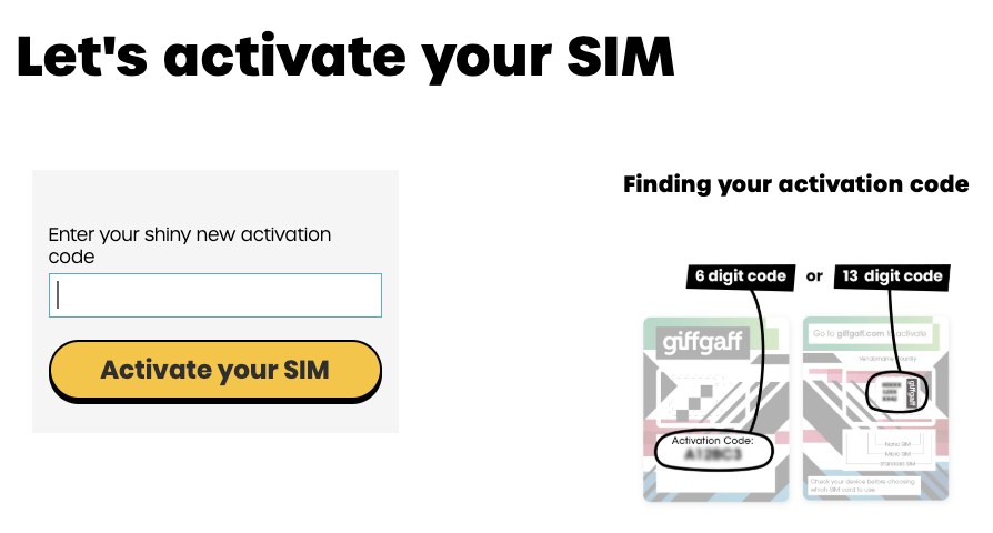giffgaff.com/activate激活页:左边输入激活码,按钮是Activate your SIM,右边示意6位码和13位码在卡片上的位置
