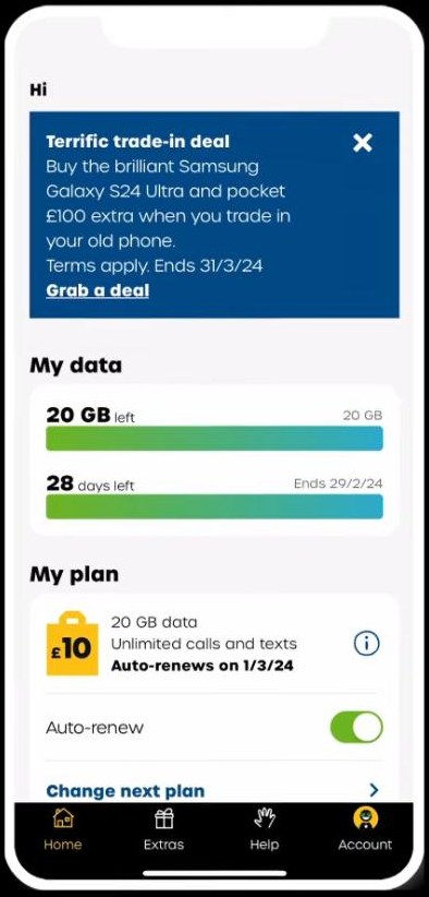 giffgaff应用首页My data和My plan:剩余流量、剩余天数、当前plan和Auto-renew开关