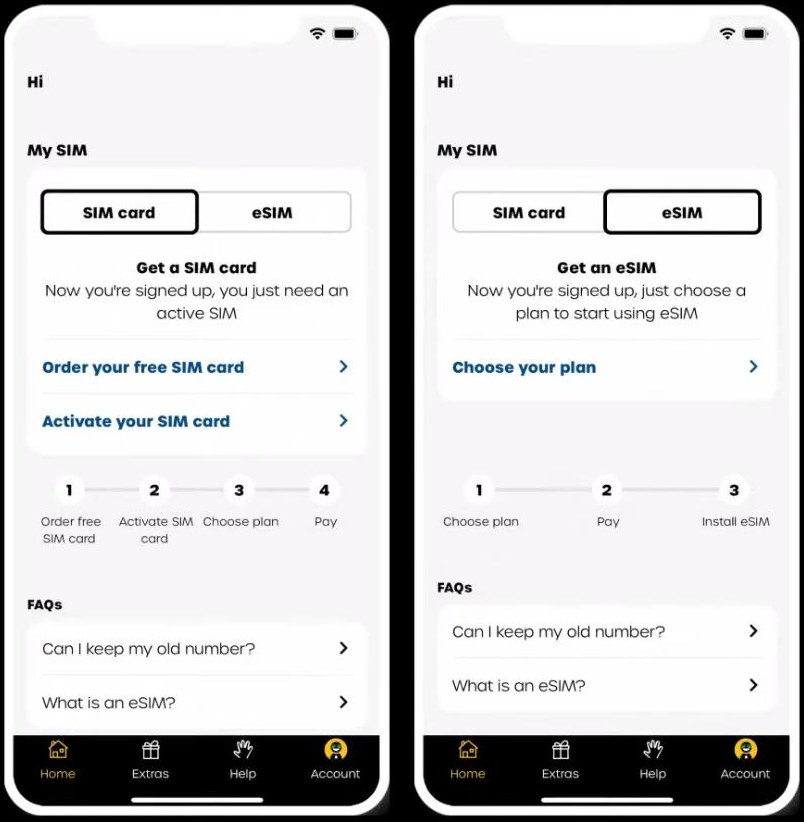 giffgaff手机应用首页My SIM:左边SIM card页签有订卡、激活、选plan、付款四步,右边eSIM页签有选plan、付款、安装eSIM三步