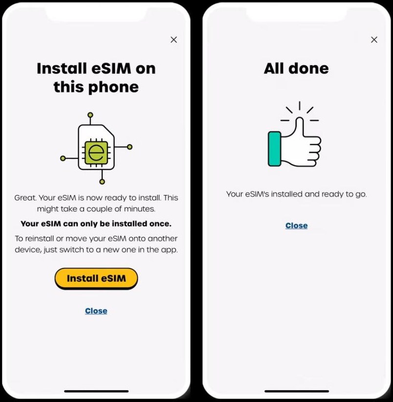 giffgaff应用的Install eSIM页提示eSIM只能装一次,右边是装完后的All done页面