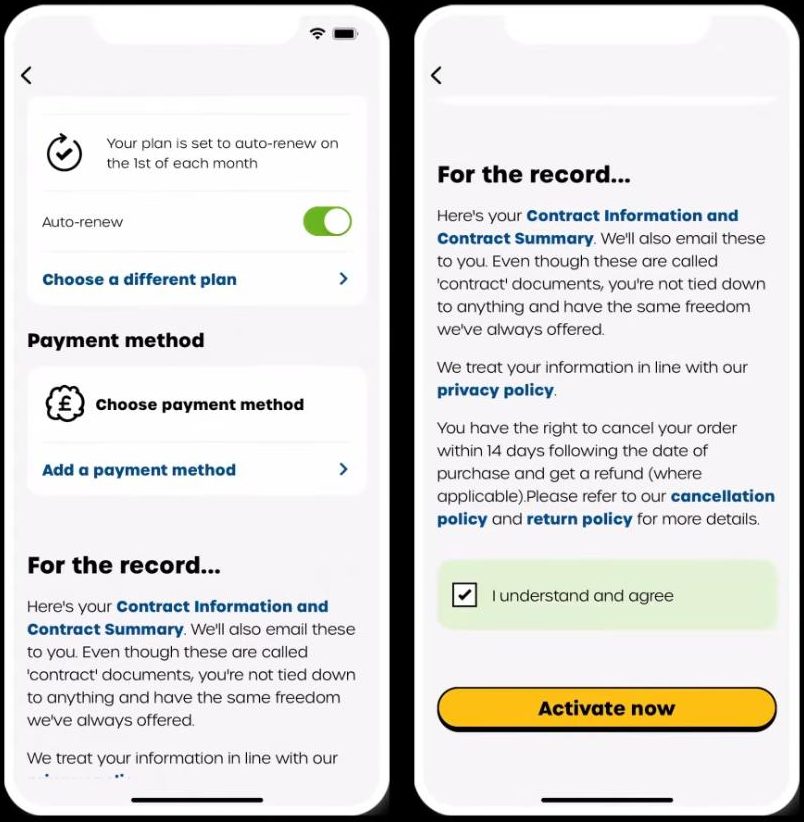 giffgaff应用的付款步骤:自动续费开关和Payment method,右边是For the record说明、14天内可取消订单和Activate now按钮