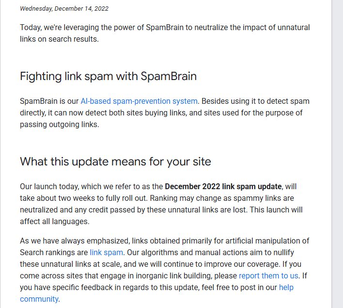 谷歌2022年12月14日官方博客,SpamBrain能识别买链接的站和专门往外传链接的站