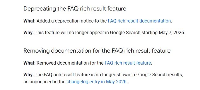 谷歌搜索中心文档更新日志里FAQ富结果停用和FAQ文档删除的两条记录,写明2026年5月7日起不再在谷歌搜索中显示