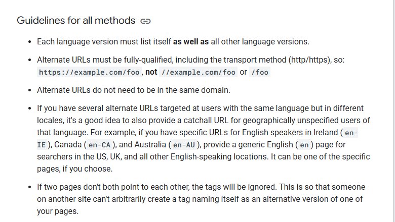 谷歌Search Central文档Guidelines for all methods：每个版本列出自己和全部其他版本、网址要带https、可以跨域名、两页不互相指回标签被忽略