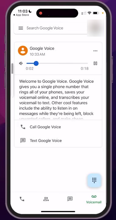 Google Voice App语音留言页:欢迎语音留言被转成文字,底部有Call Google Voice和Text Google Voice