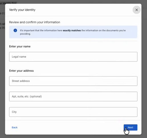 Google Voice证件验证的信息页:Legal name和Street address、City等空栏,提示填的信息要和证件完全一致
