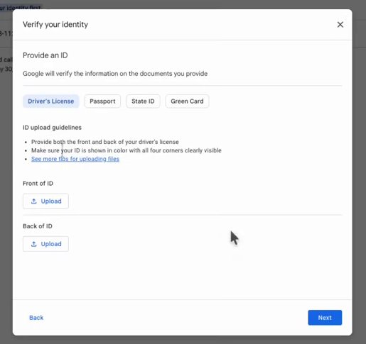 Google Voice的Provide an ID页:Driver's License、Passport、State ID、Green Card四个选项,Front of ID和Back of ID各一个上传按钮