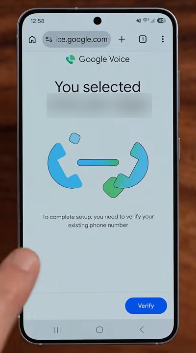 Google Voice选号后的页面:To complete setup, you need to verify your existing phone number,右下角是Verify按钮