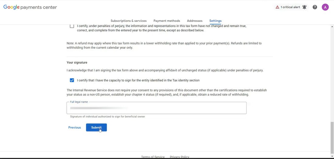 谷歌收款中心签名页:勾选有权为实体签字,填写法定全名,页面底部Previous和Submit按钮