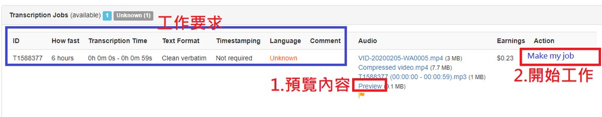 GoTranscript接单:先点Preview试听,再点Make my job开始