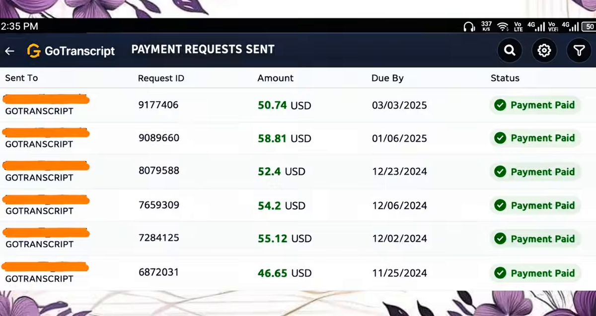 GoTranscript收款请求记录:6笔全部Payment Paid