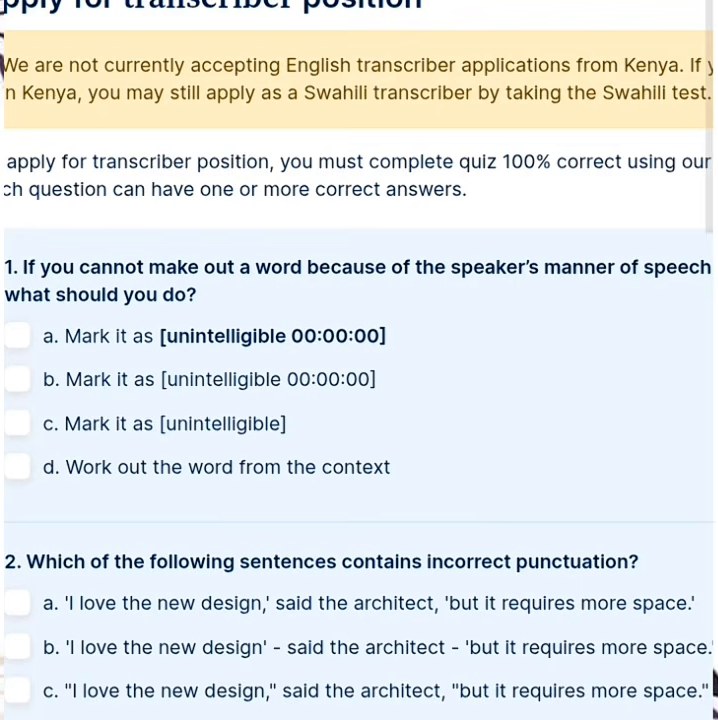 GoTranscript申请小测页:必须100%全对,每题可能有多个正确答案