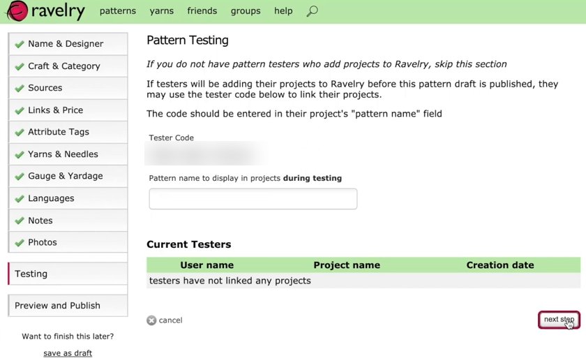 Ravelry新建钩针图解流程里的Pattern Testing测试者一步