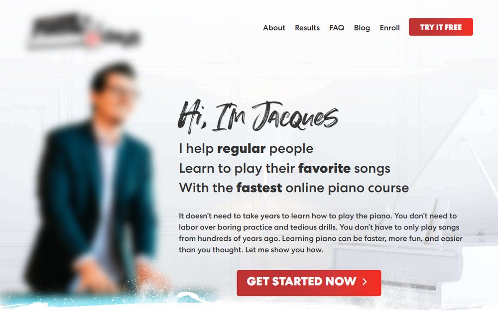 Piano In 21 Days官网首页首屏：帮普通人用最快的钢琴网课学会自己喜欢的歌